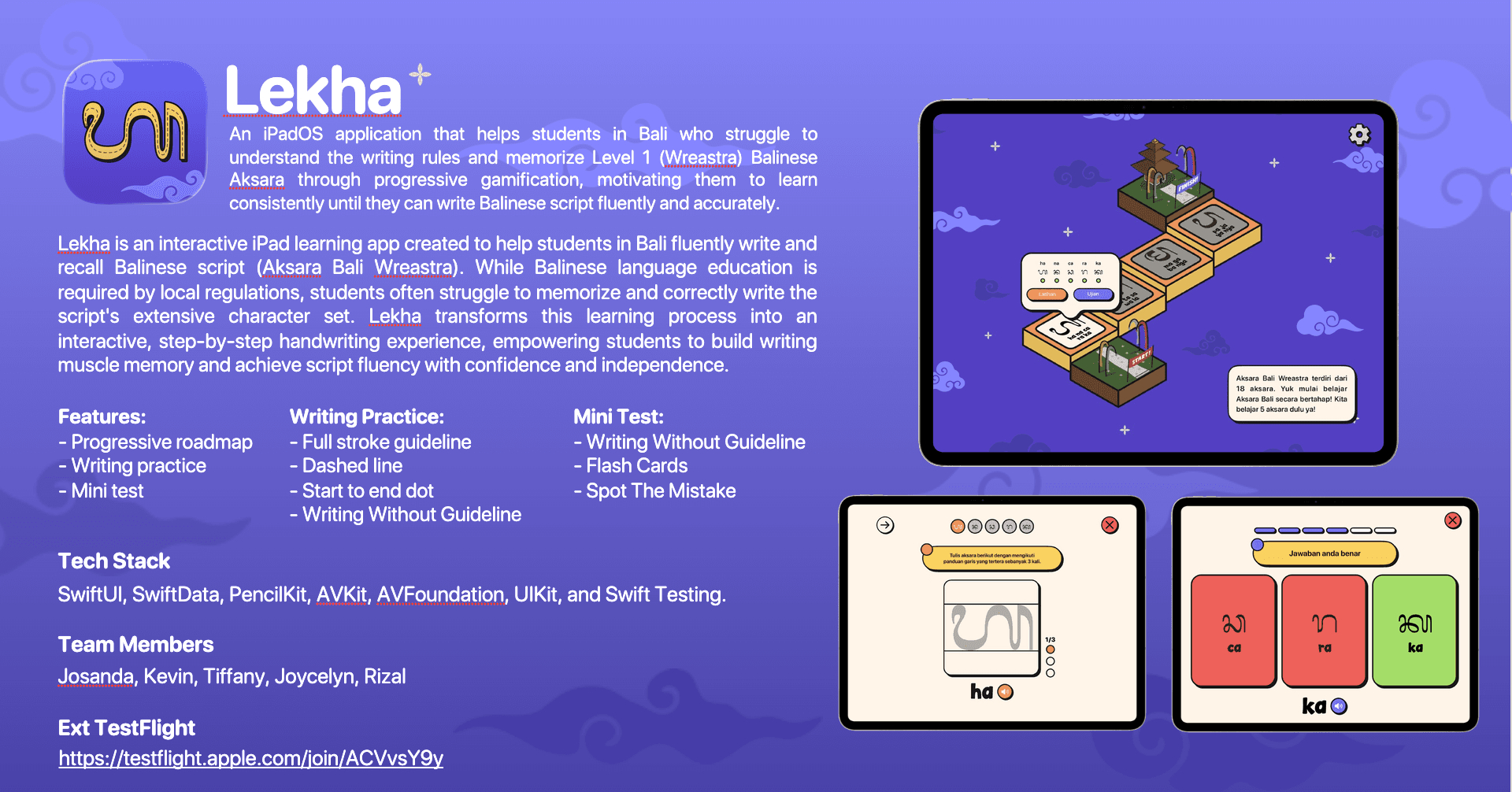 Lekha iPadOS learning product one-pager showing the Balinese-script learning flow