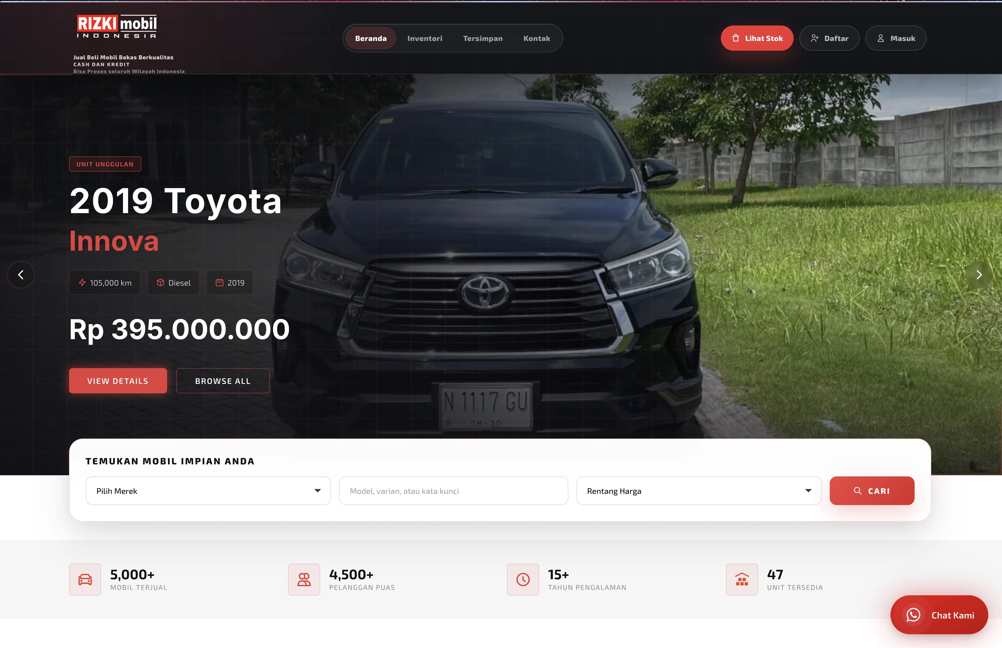 Rizki Mobil public storefront featuring a Toyota Innova and inventory search
