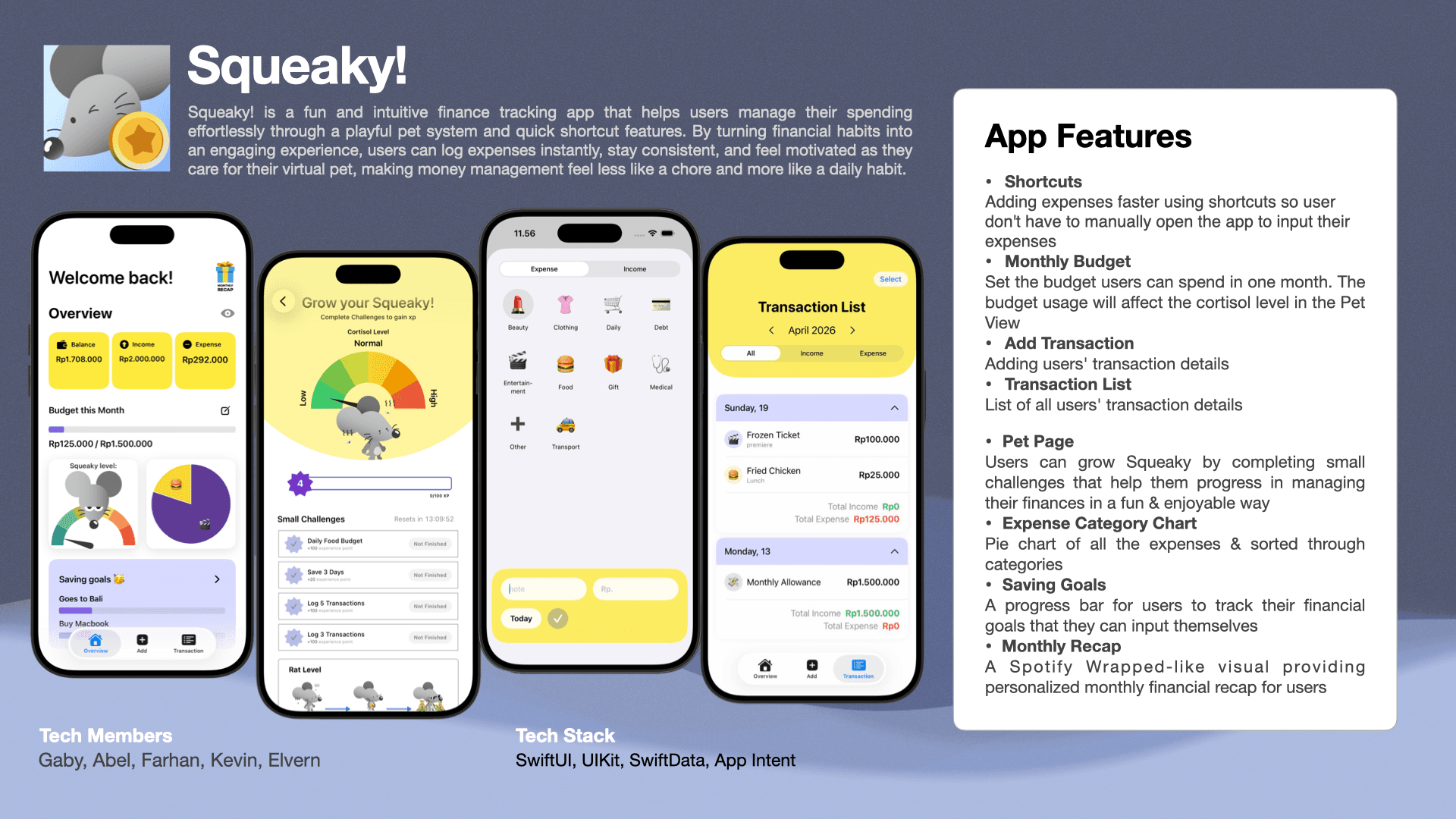 Squeaky finance prototype one-pager showing the overview, pet progression, transaction entry, and transaction history interfaces